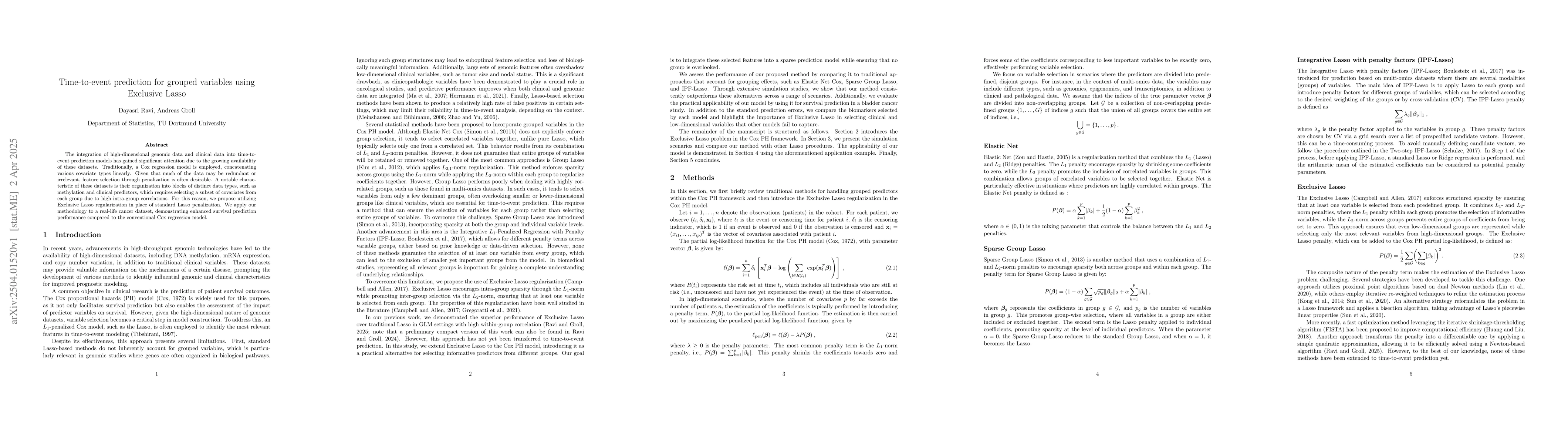 Thumbnail for Time-to-event prediction for grouped variables using Exclusive Lasso