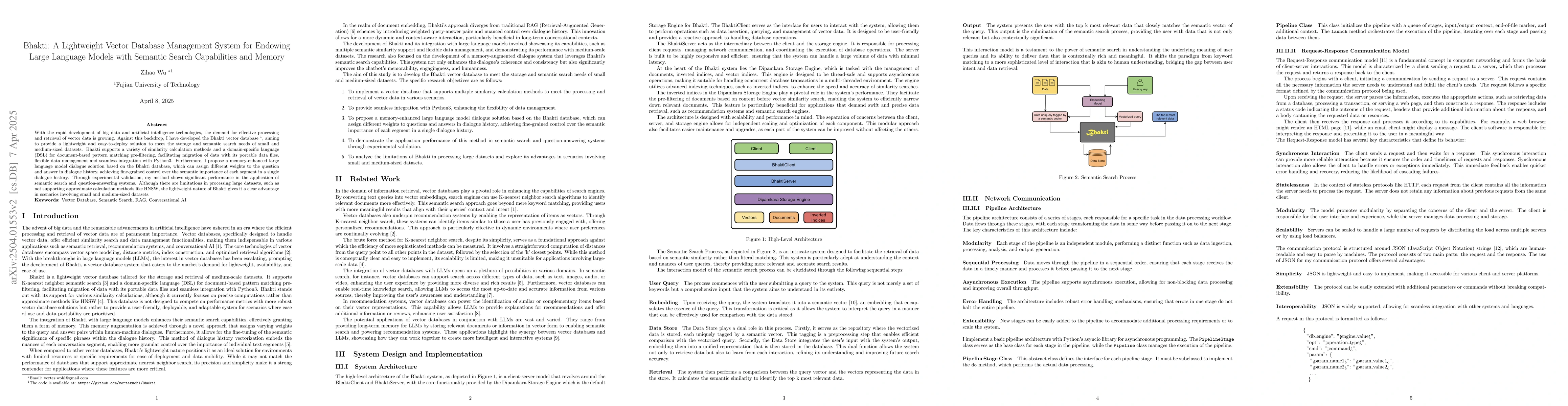Thumbnail for Bhakti: A Lightweight Vector Database Management System for Endowing
  Large Language Models with Semantic Search Capabilities and Memory