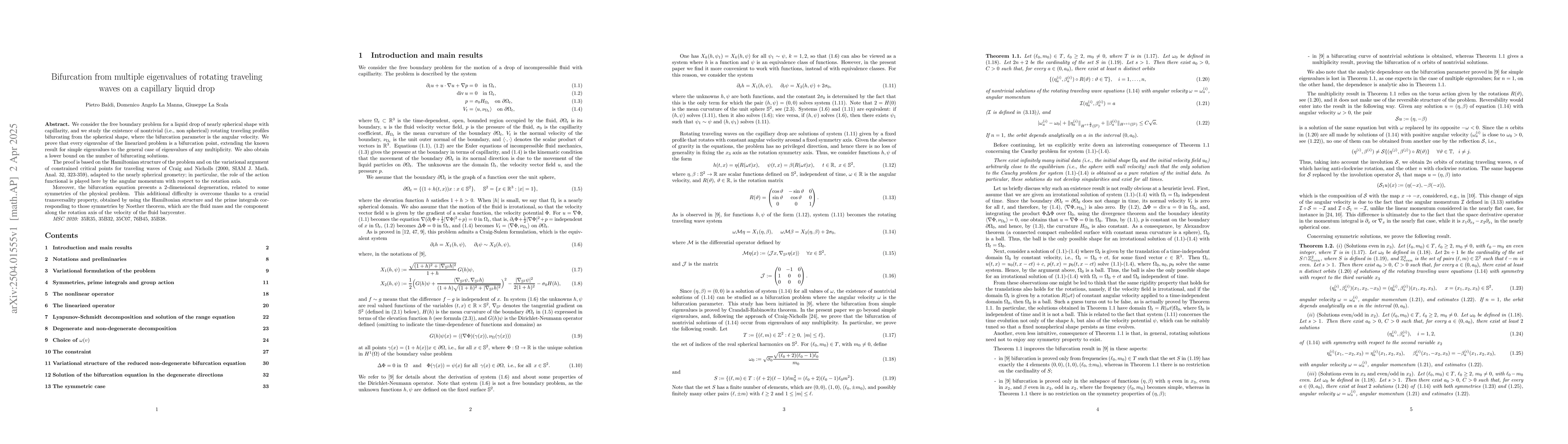 Thumbnail for Bifurcation from multiple eigenvalues of rotating traveling waves on a
  capillary liquid drop