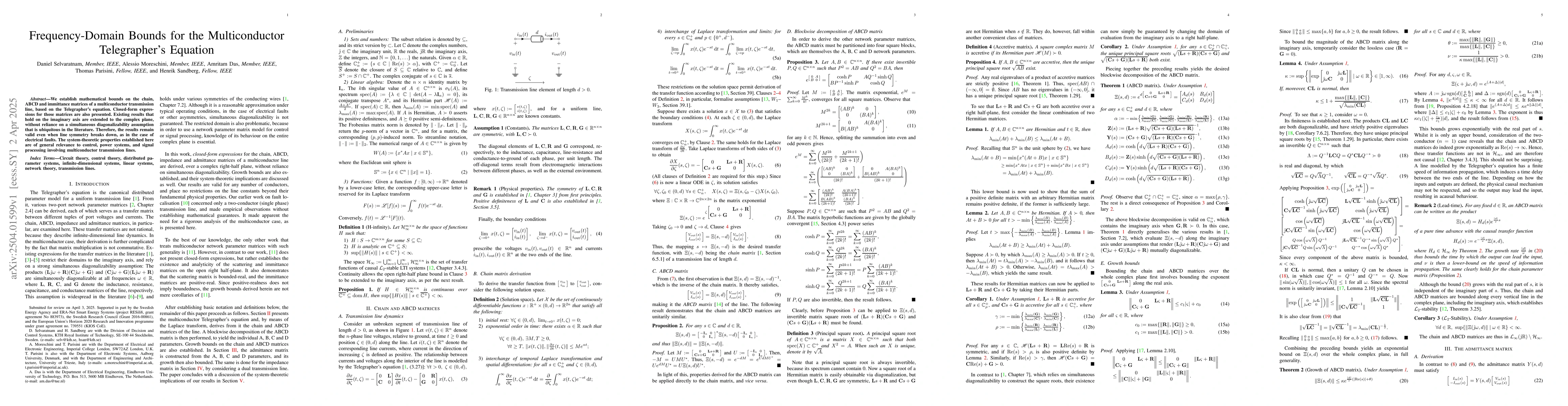Thumbnail for Frequency-Domain Bounds for the Multiconductor Telegrapher's Equation