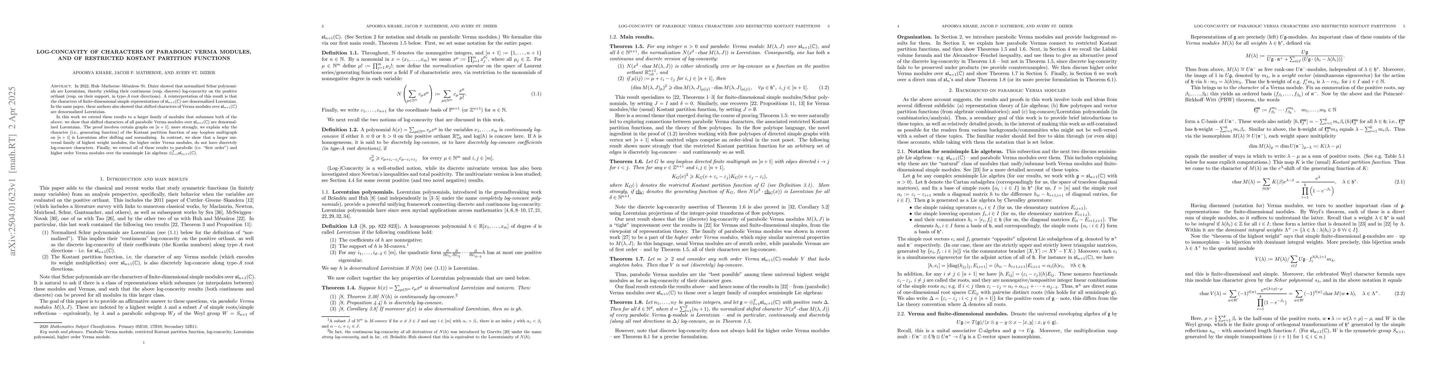 Thumbnail for Log-concavity of characters of parabolic Verma modules, and of
  restricted Kostant partition functions