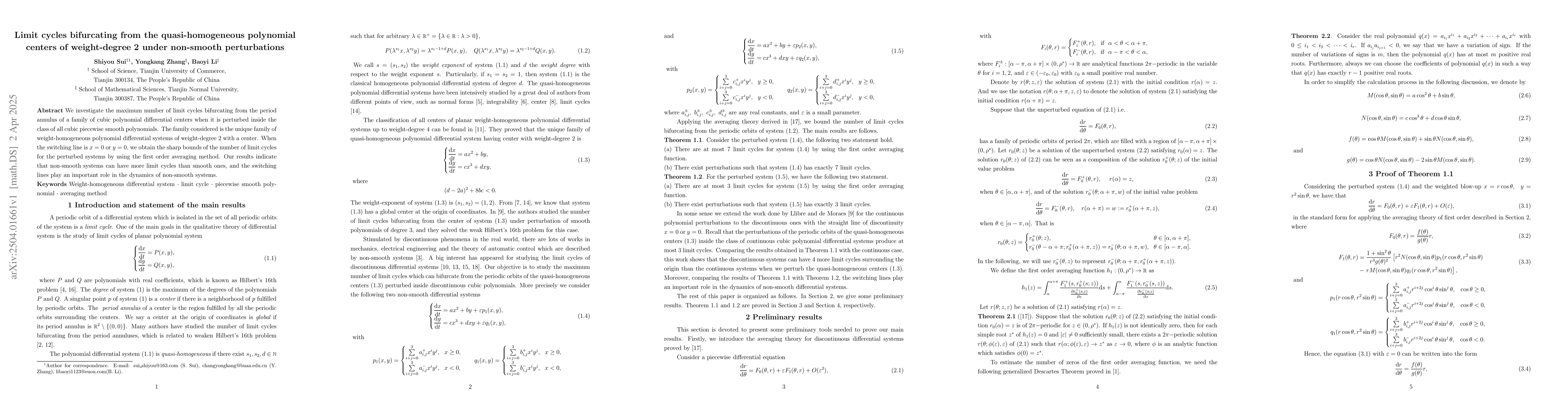 Thumbnail for Limit cycles bifurcating from the quasi-homogeneous polynomial centers
  of weight-degree 2 under non-smooth perturbations