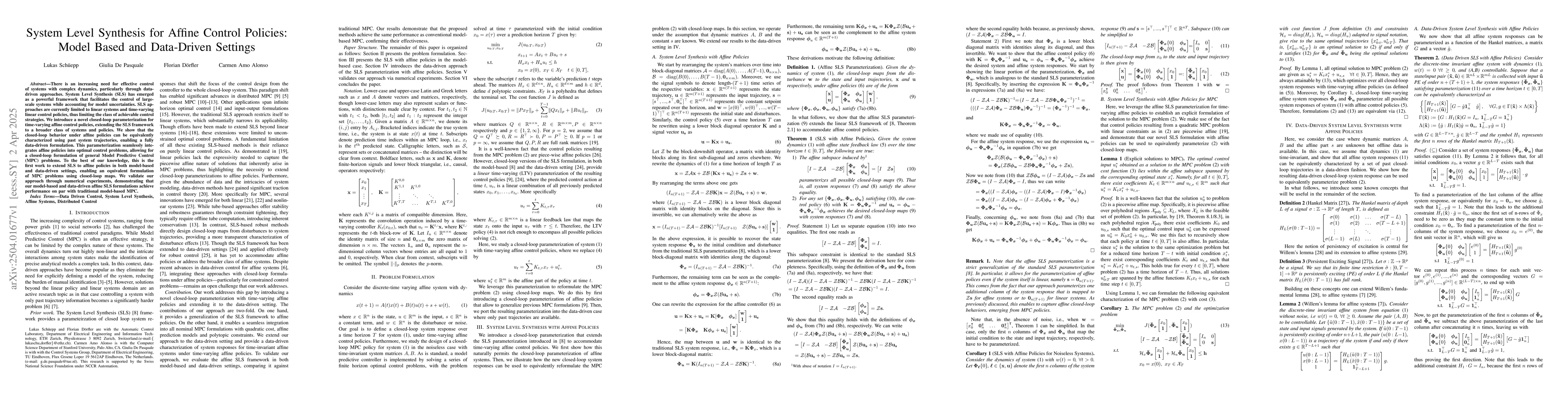 Thumbnail for System Level Synthesis for Affine Control Policies: Model Based and
  Data-Driven Settings