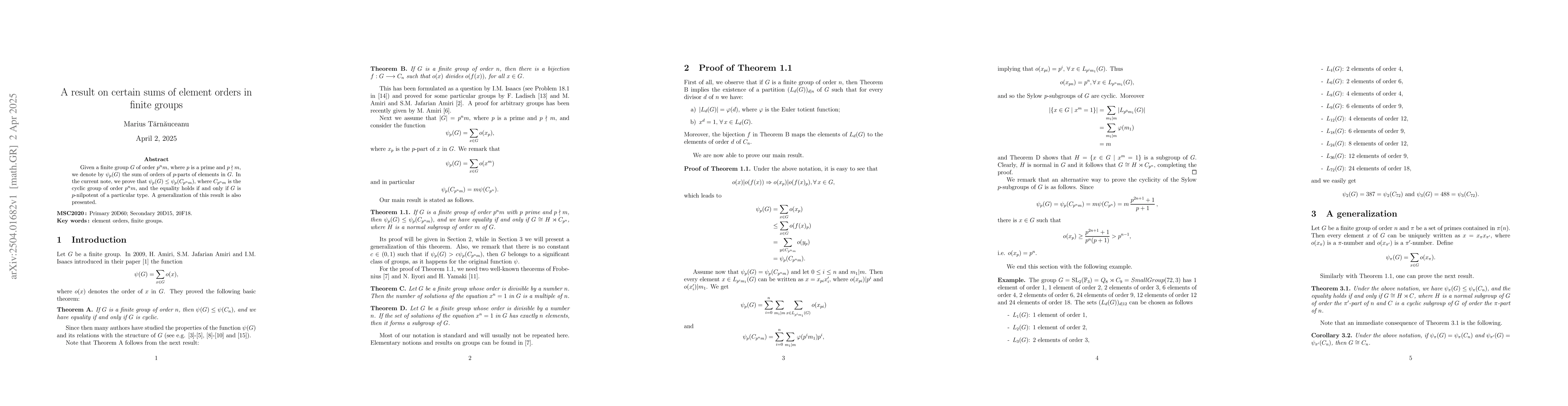 Thumbnail for A result on certain sums of element orders in finite groups