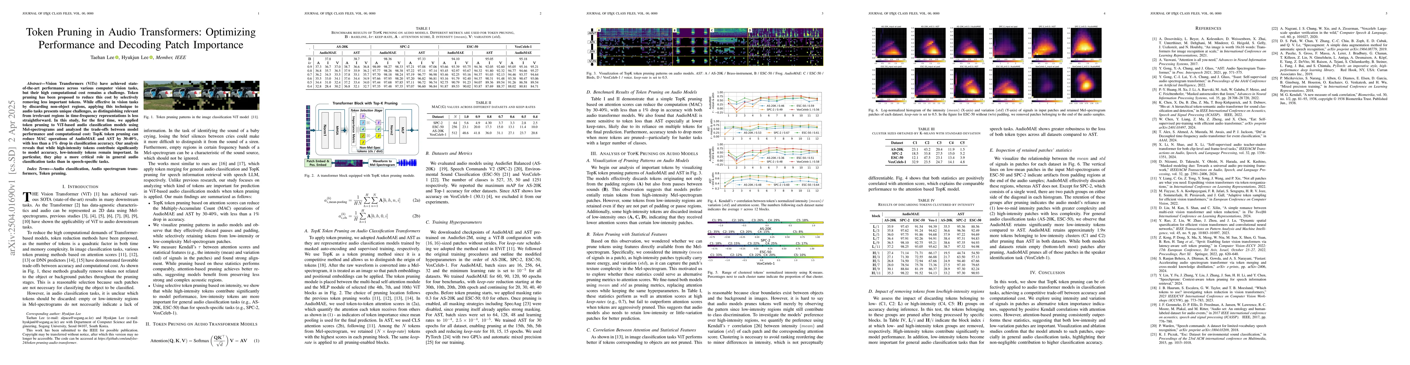 Thumbnail for Token Pruning in Audio Transformers: Optimizing Performance and Decoding
  Patch Importance