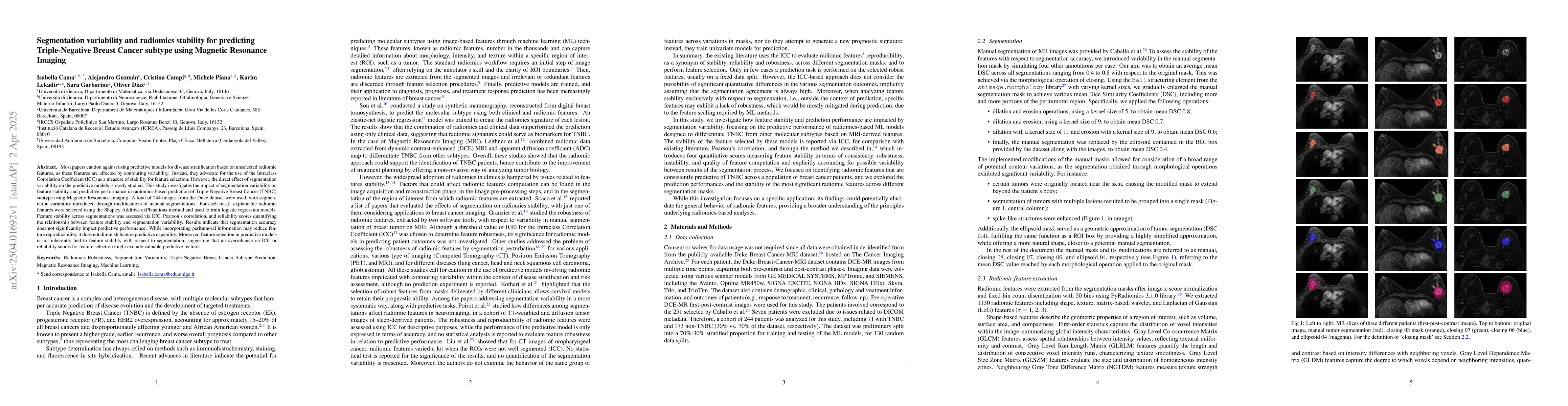 Thumbnail for Segmentation variability and radiomics stability for predicting
  Triple-Negative Breast Cancer subtype using Magnetic Resonance Imaging