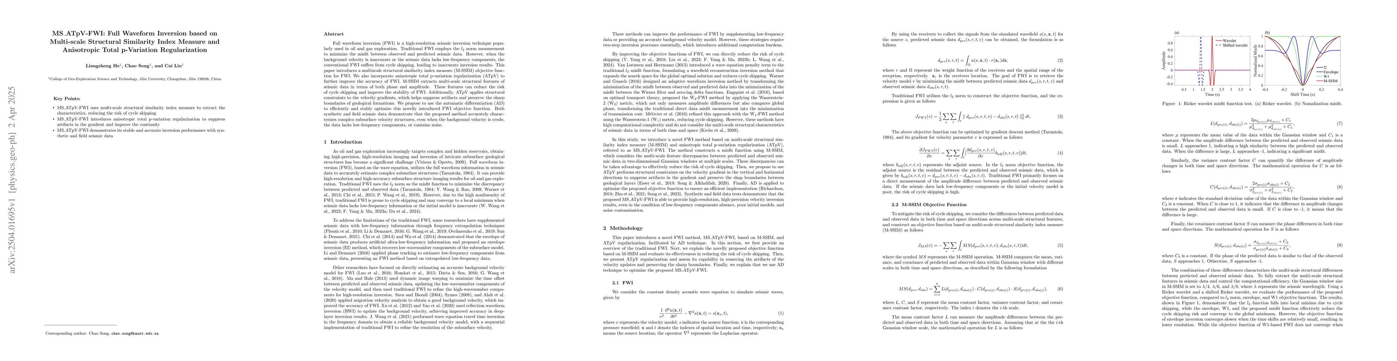 Thumbnail for MS_ATpV-FWI: Full Waveform Inversion based on Multi-scale Structural
  Similarity Index Measure and Anisotropic Total p-Variation Regularization