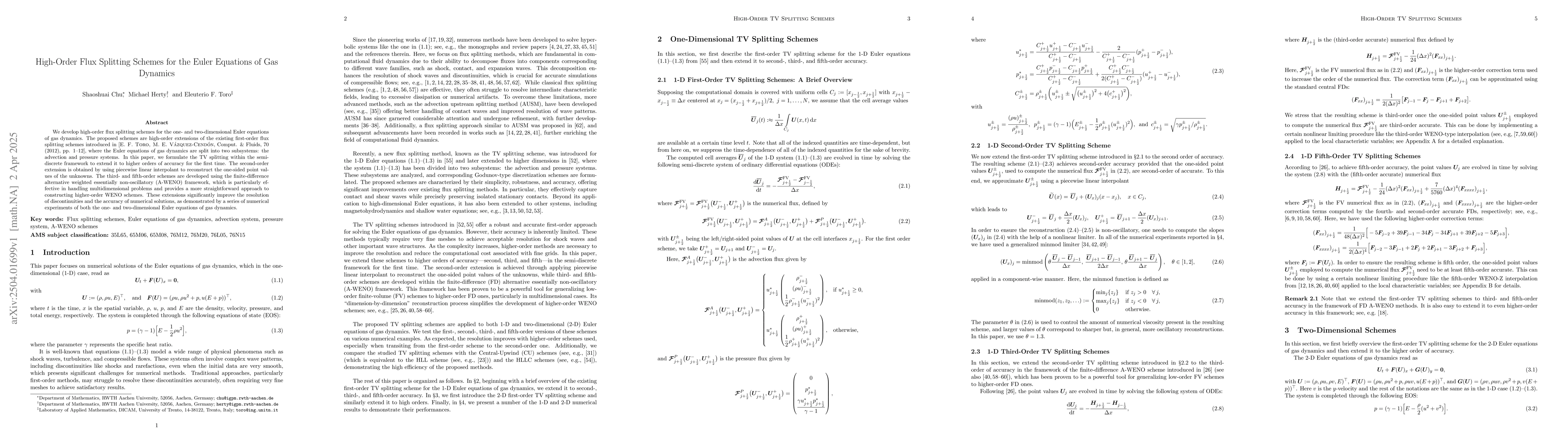 Thumbnail for High-Order Flux Splitting Schemes for the Euler Equations of Gas
  Dynamics