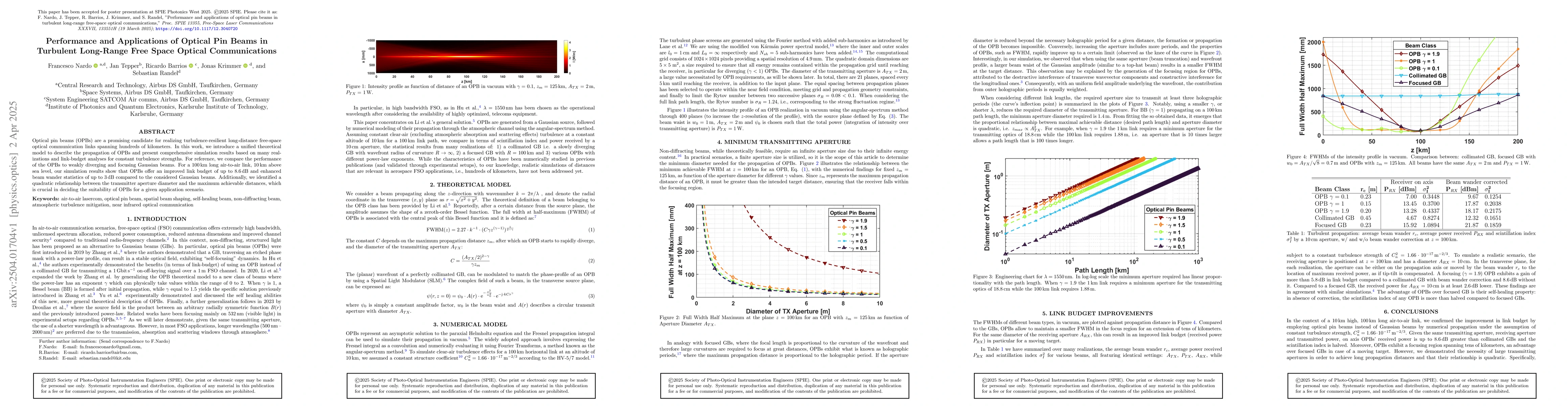 Thumbnail for Performance and applications of optical pin beams in turbulent
  long-range free space optical communications