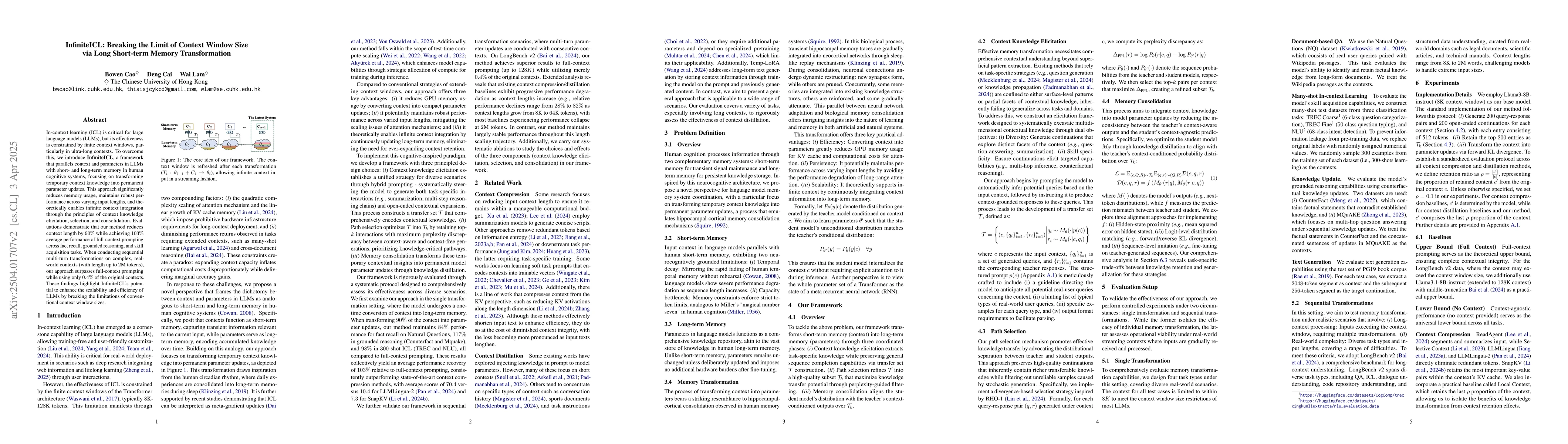 Thumbnail for InfiniteICL: Breaking the Limit of Context Window Size via Long
  Short-term Memory Transformation