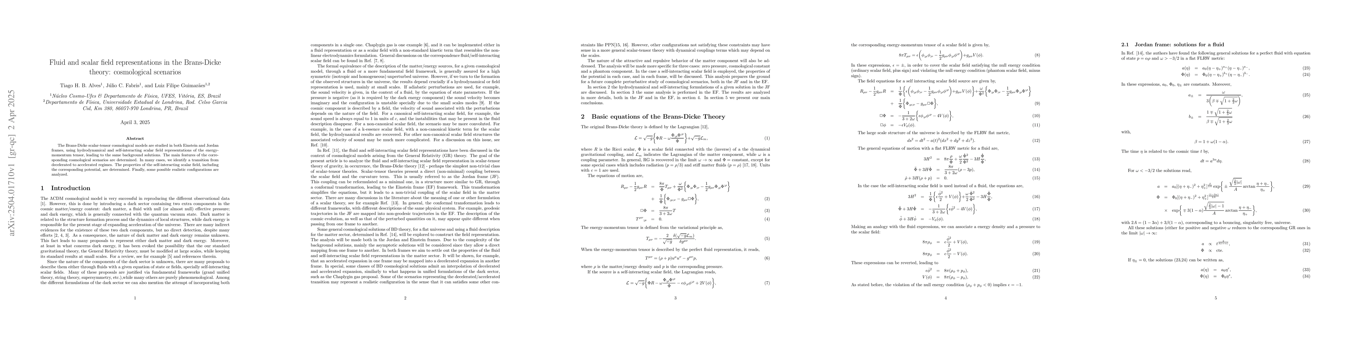 Thumbnail for Fluid and scalar field representations in the Brans-Dicke theory:
  cosmological scenarios