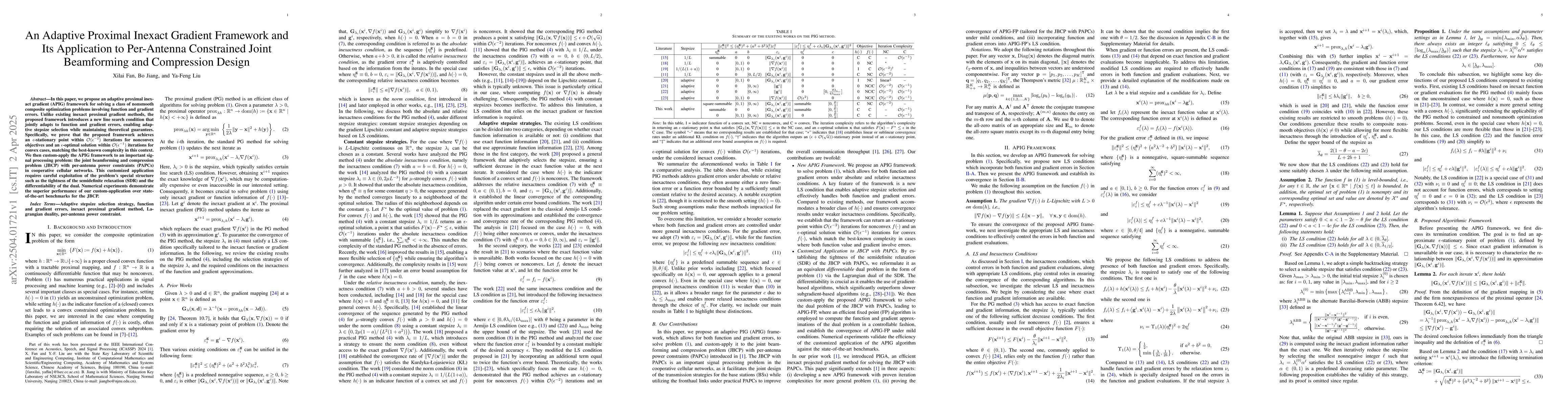 Thumbnail for An Adaptive Proximal Inexact Gradient Framework and Its Application to
  Per-Antenna Constrained Joint Beamforming and Compression Design