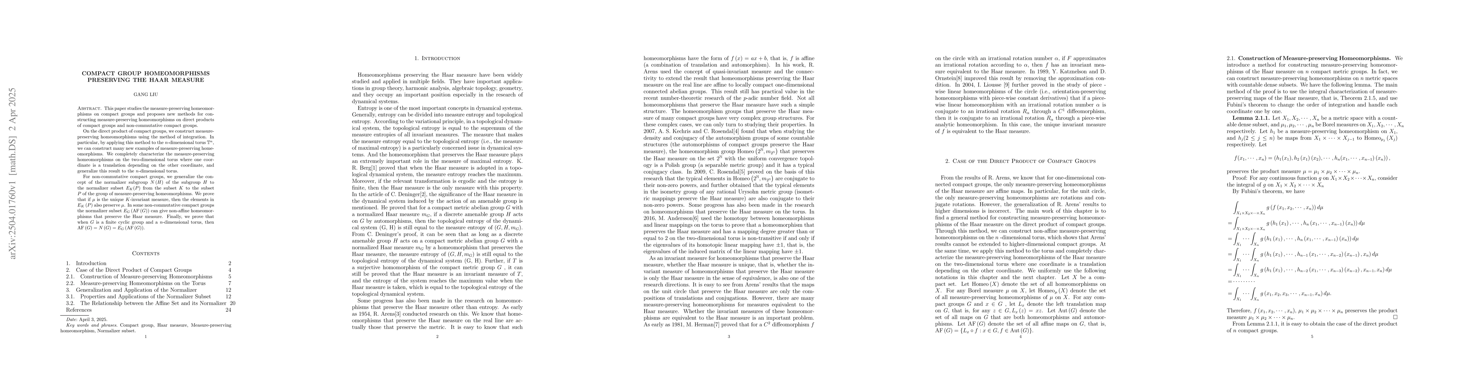 Thumbnail for Compact Group Homeomorphisms Preserving The Haar Measure