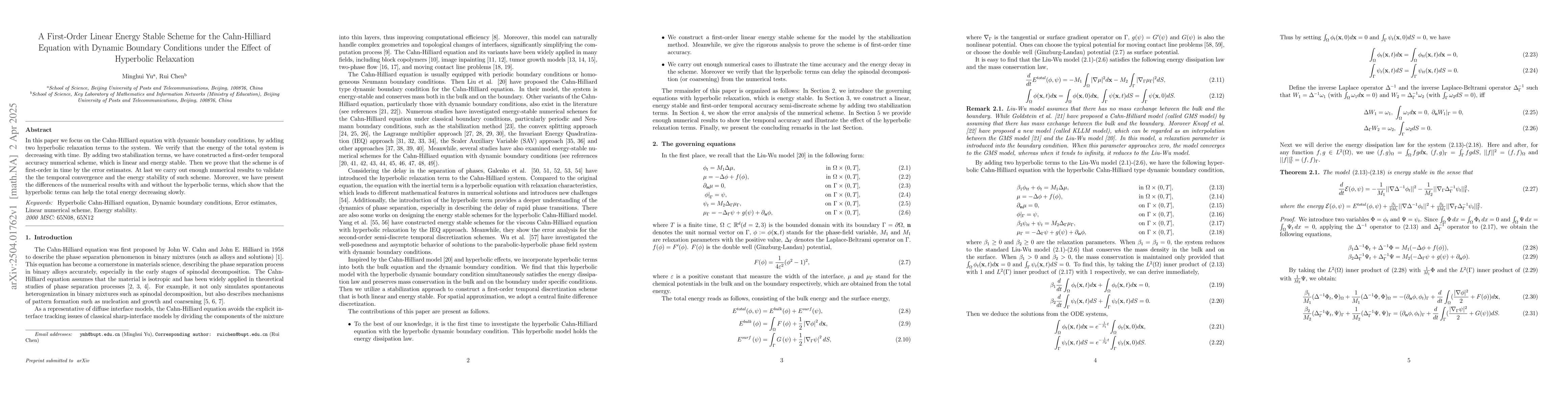 Thumbnail for A First-Order Linear Energy Stable Scheme for the Cahn-Hilliard Equation
  with Dynamic Boundary Conditions under the Effect of Hyperbolic Relaxation