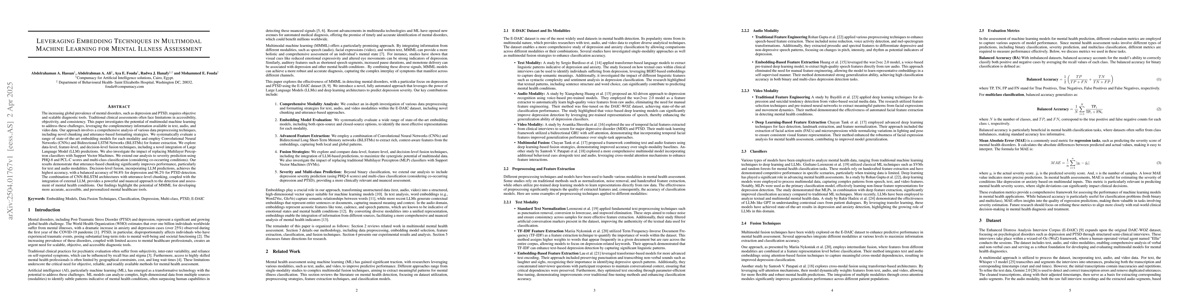 Thumbnail for Leveraging Embedding Techniques in Multimodal Machine Learning for
  Mental Illness Assessment