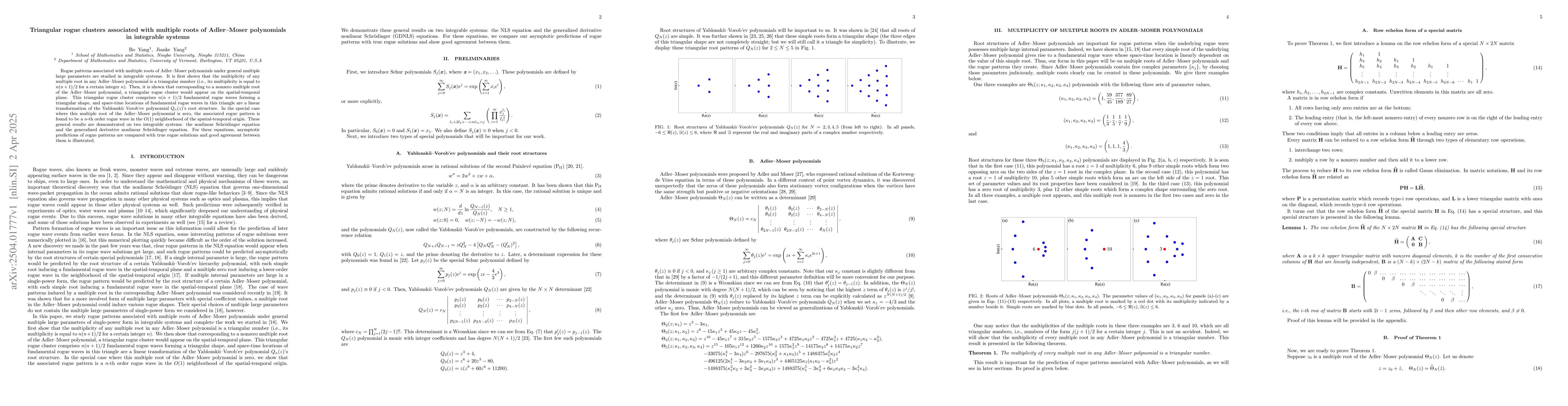 Thumbnail for Triangular rogue clusters associated with multiple roots of Adler--Moser
  polynomials in integrable systems