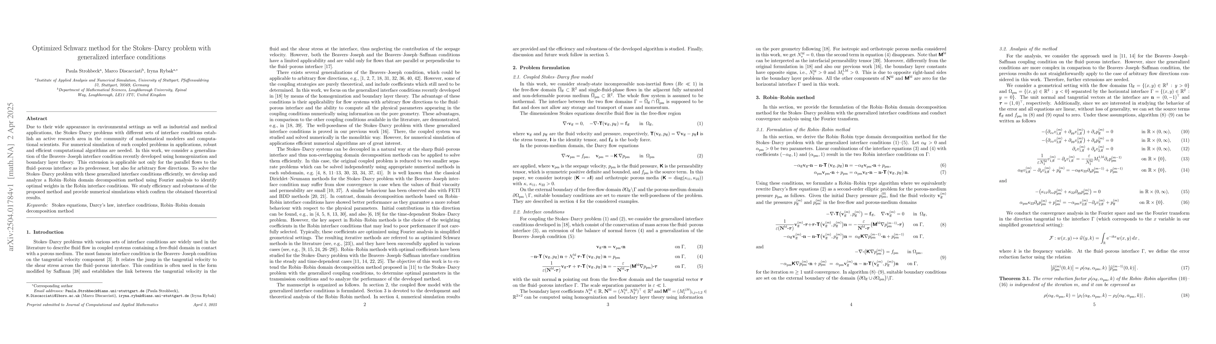 Thumbnail for Optimized Schwarz method for the Stokes-Darcy problem with generalized
  interface conditions