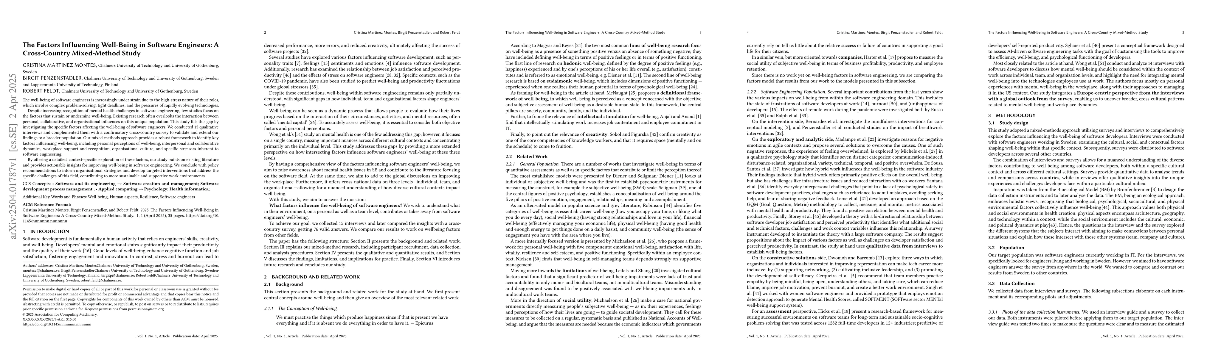 Thumbnail for The Factors Influencing Well-Being in Software Engineers: A
  Cross-Country Mixed-Method Study