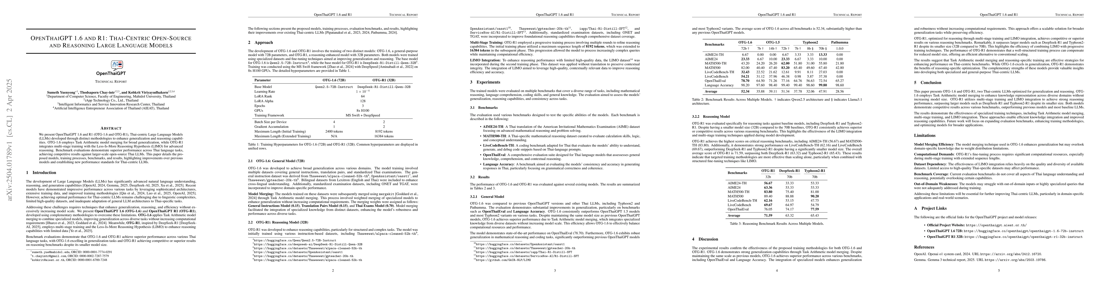 Thumbnail for OpenThaiGPT 1.6 and R1: Thai-Centric Open Source and Reasoning Large
  Language Models