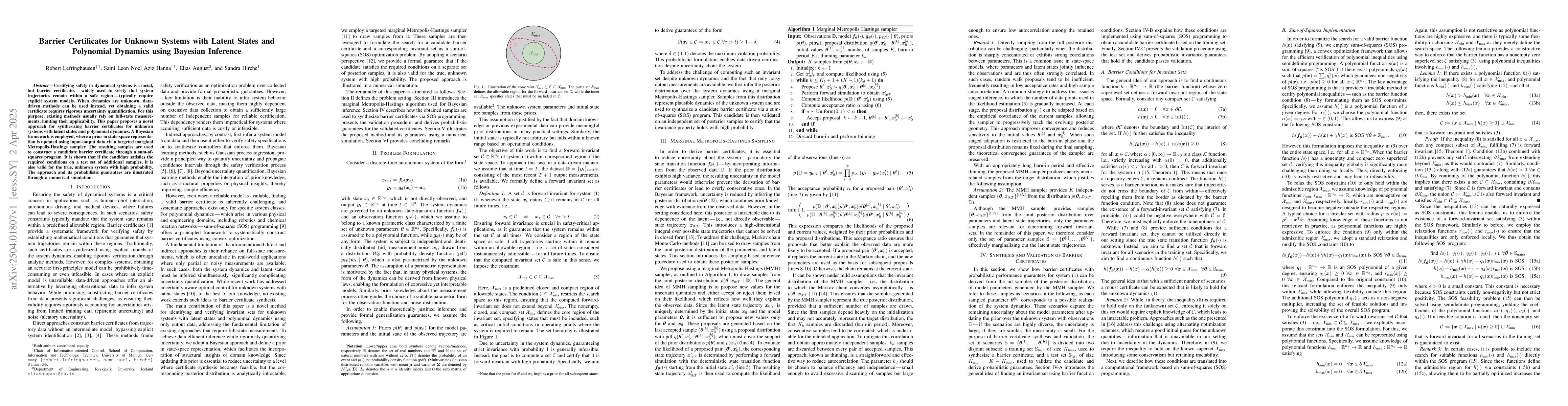 Thumbnail for Barrier Certificates for Unknown Systems with Latent States and
  Polynomial Dynamics using Bayesian Inference