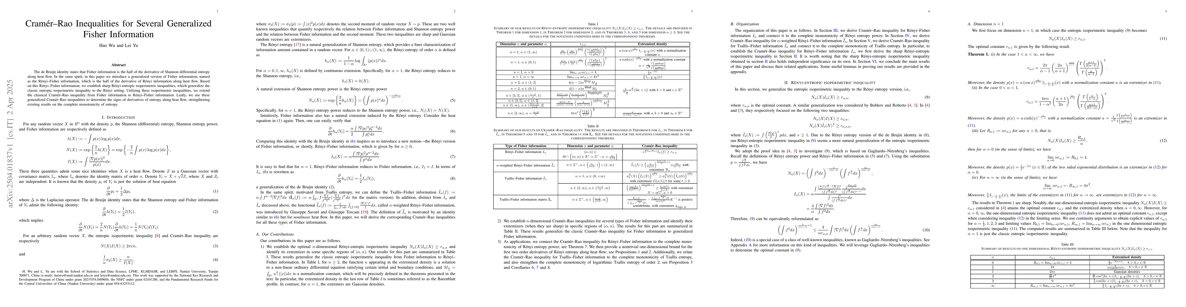 Thumbnail for Cramér--Rao Inequalities for Several Generalized Fisher Information