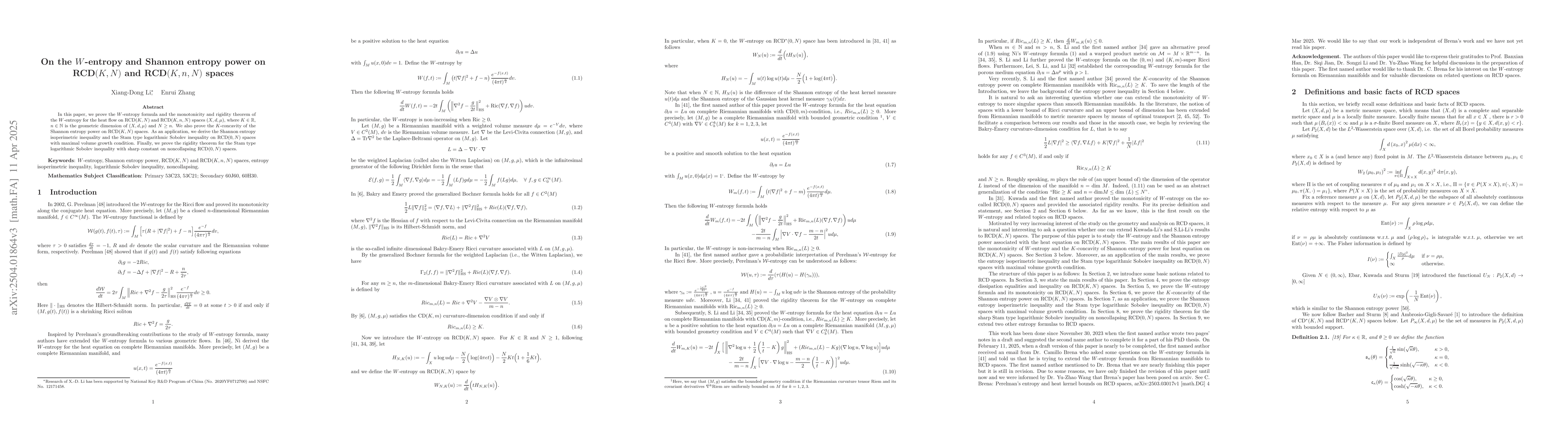 Thumbnail for On the $W$-entropy and Shannon entropy power on RCD$(K, N)$ and RCD$(K,
  n, N)$ spaces