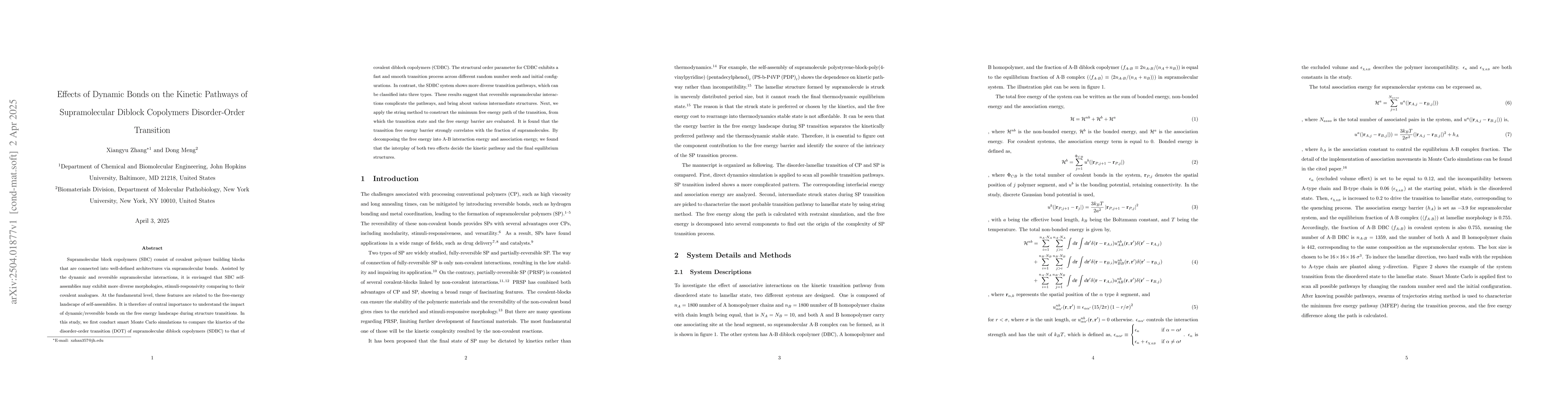 Thumbnail for Effects of Dynamic Bonds on the Kinetic Pathways of Supramolecular
  Diblock Copolymers Disorder-Order Transition