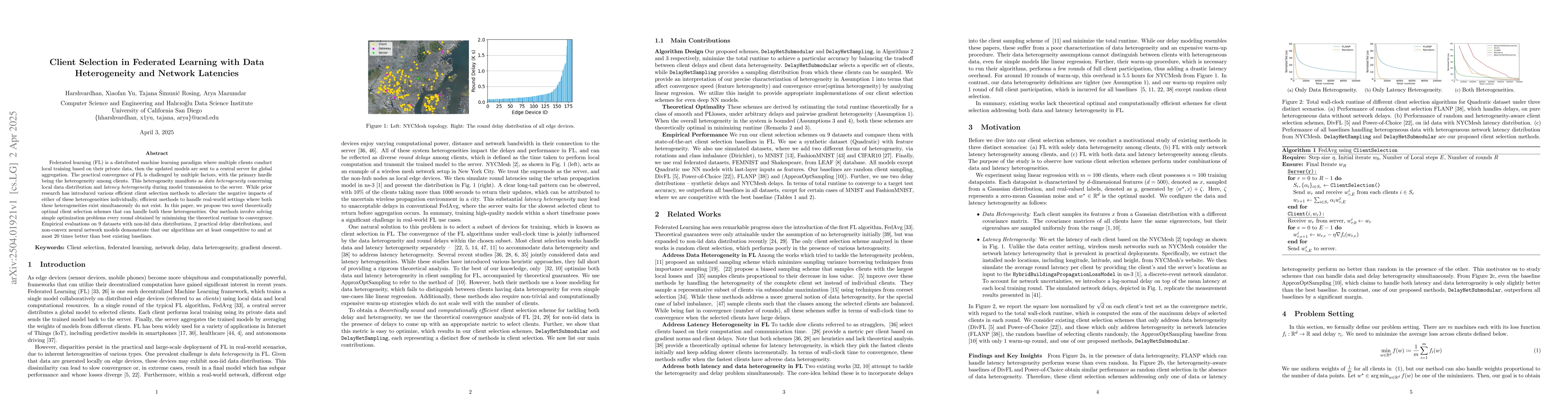 Thumbnail for Client Selection in Federated Learning with Data Heterogeneity and
  Network Latencies