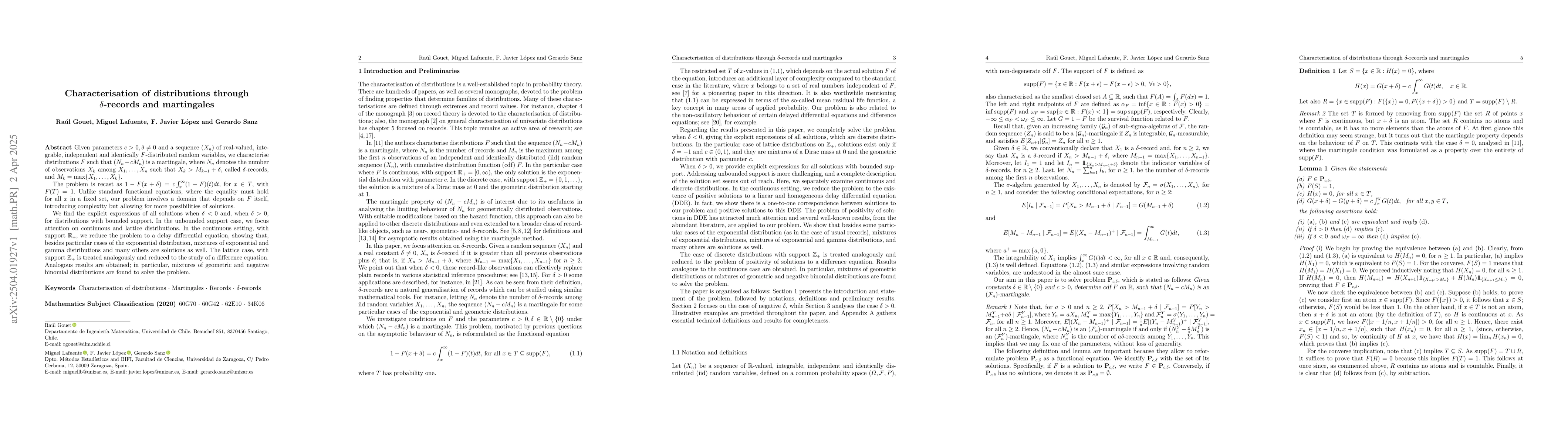 Thumbnail for Characterisation of distributions through $δ$-records and
  martingales