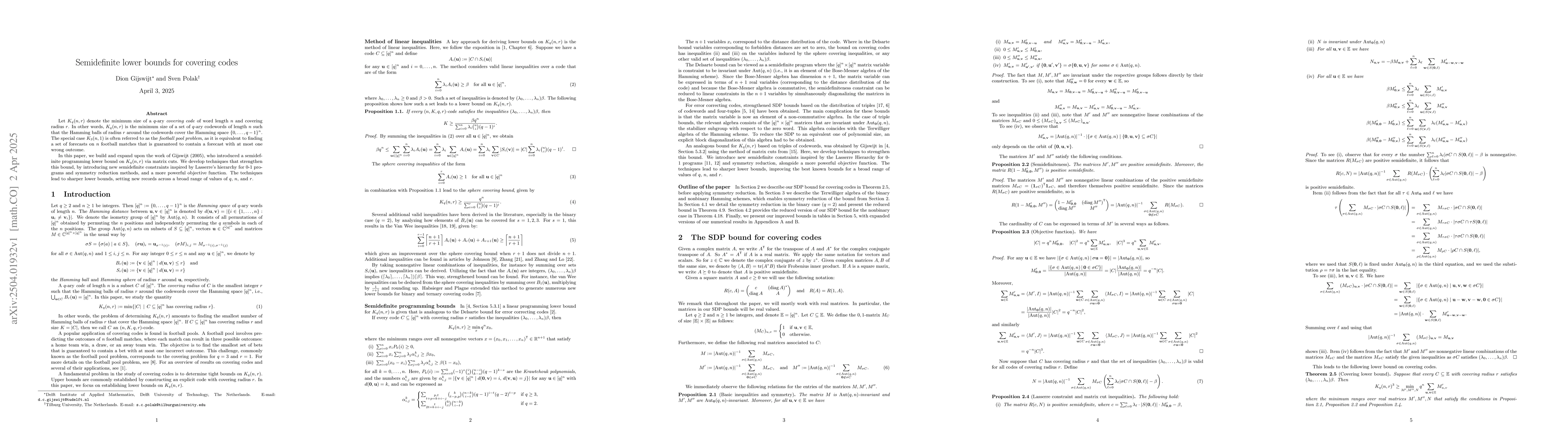 Thumbnail for Semidefinite lower bounds for covering codes