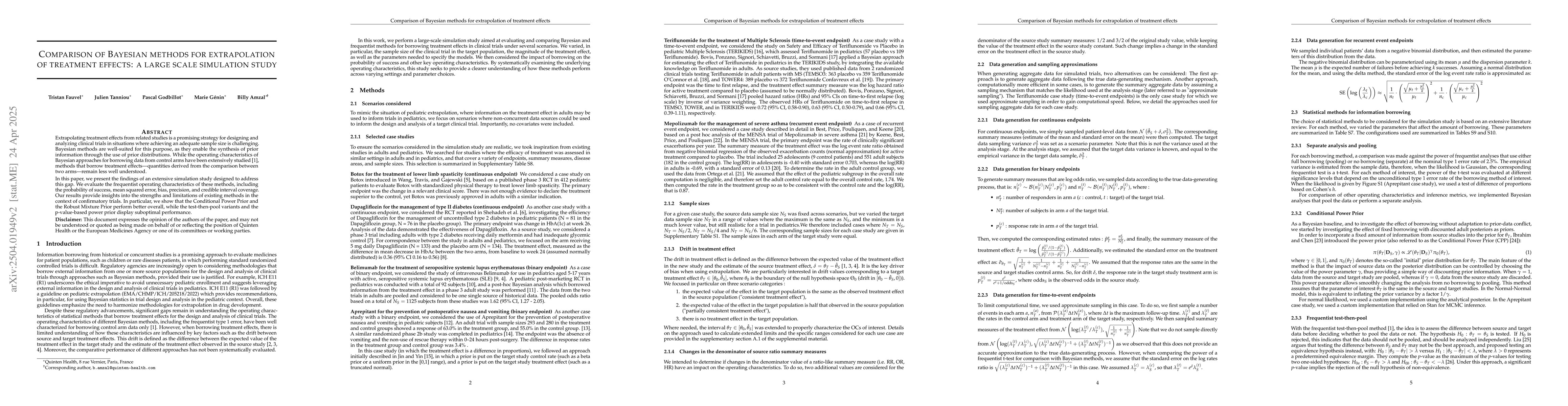 Thumbnail for Comparison of Bayesian methods for extrapolation of treatment effects: a
  large scale simulation study