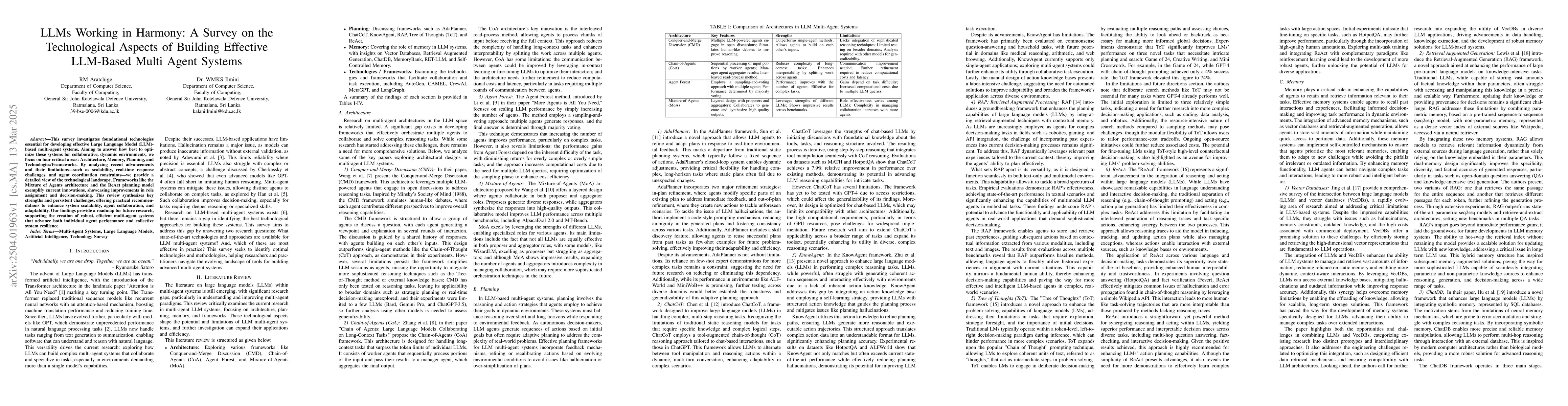 Thumbnail for LLMs Working in Harmony: A Survey on the Technological Aspects of
  Building Effective LLM-Based Multi Agent Systems
