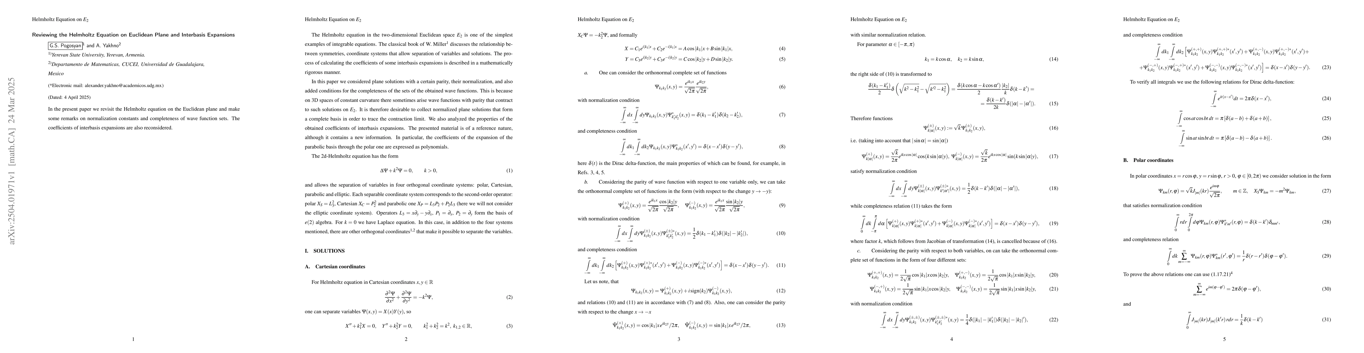 Thumbnail for Reviewing the Helmholtz Equation on Euclidean Plane and Interbasis
  Expansions