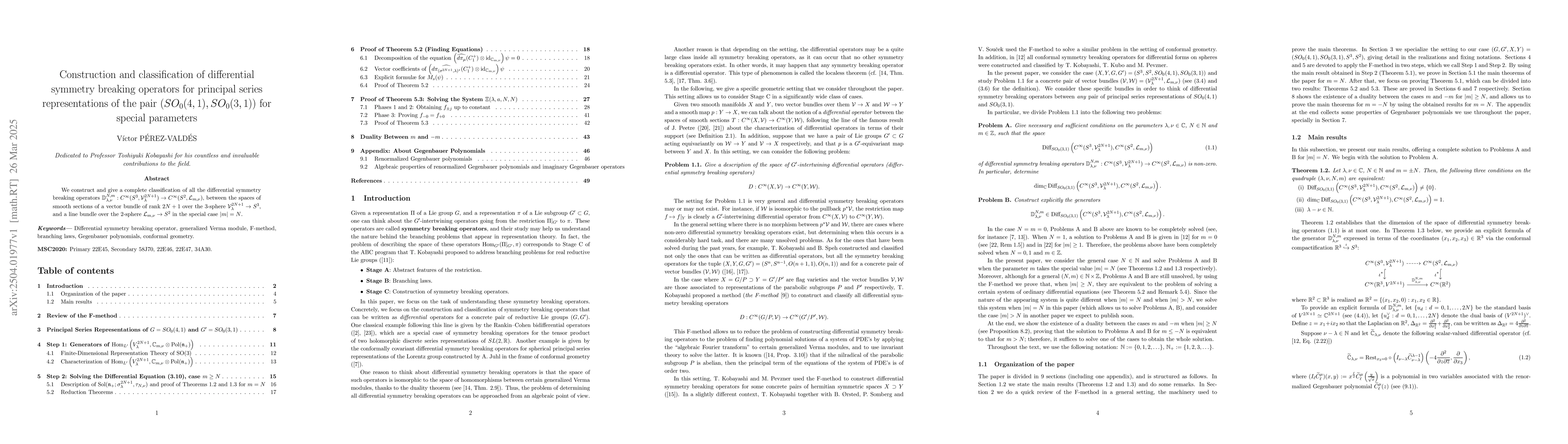 Thumbnail for Construction and classification of differential symmetry breaking
  operators for principal series representations of the pair $(SO_0(4,1),
  SO_0(3,1))$ for special parameters