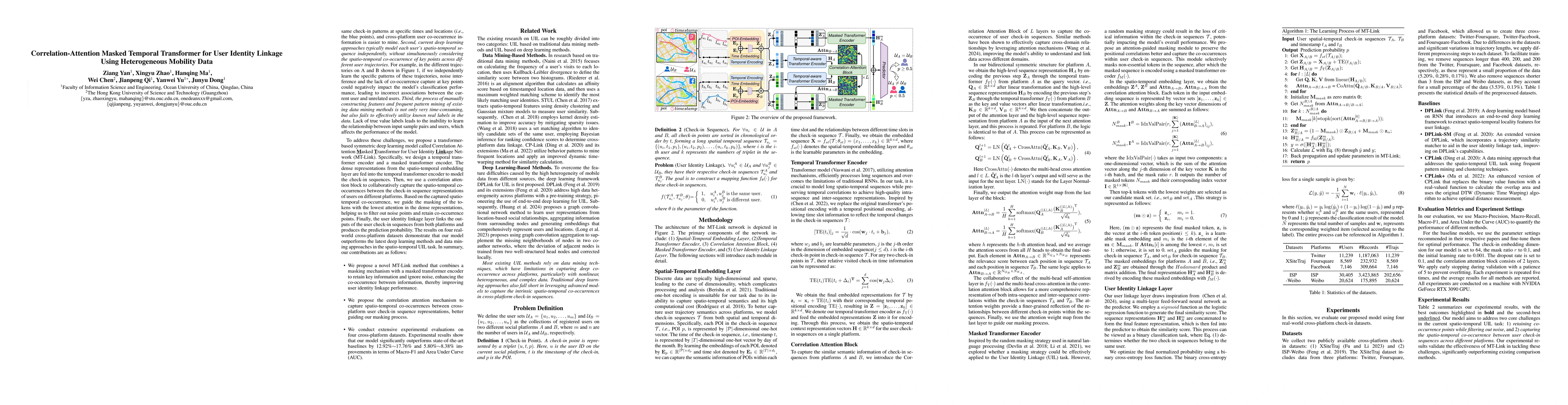 Thumbnail for Correlation-Attention Masked Temporal Transformer for User Identity
  Linkage Using Heterogeneous Mobility Data