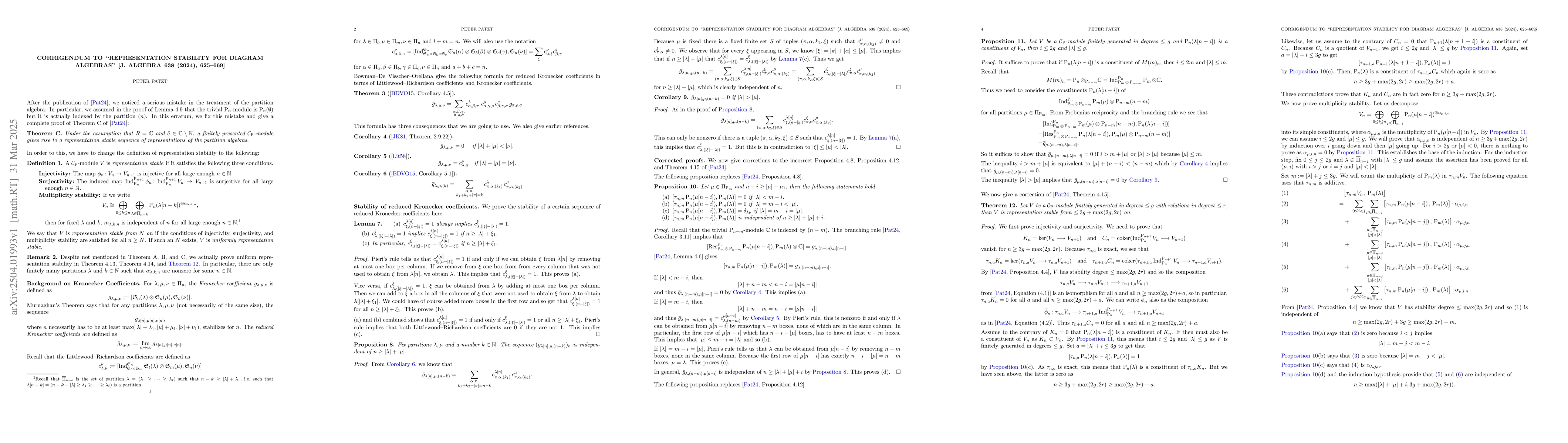 Thumbnail for Corrigendum to "Representation stability for diagram algebras" [J.
  Algebra 638 (2024) 625-669]
