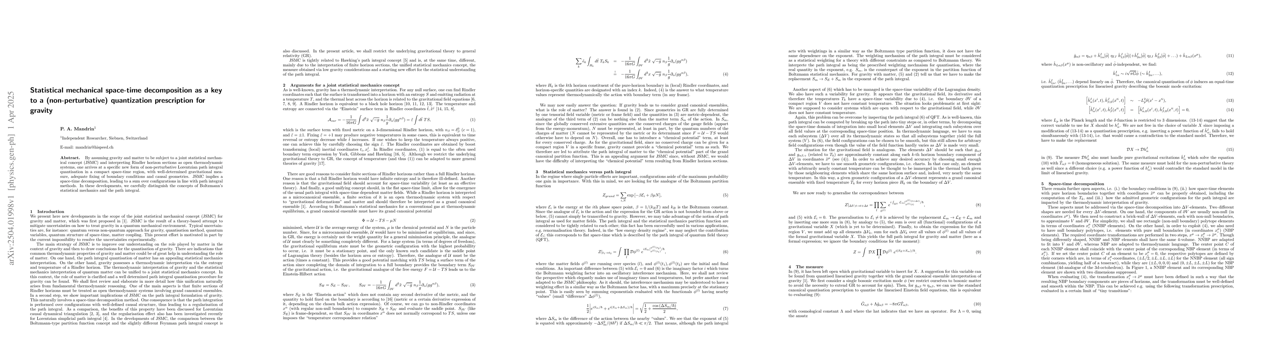Thumbnail for Statistical mechanical space-time decomposition as a key to a
  (non-perturbative) quantization prescription for gravity