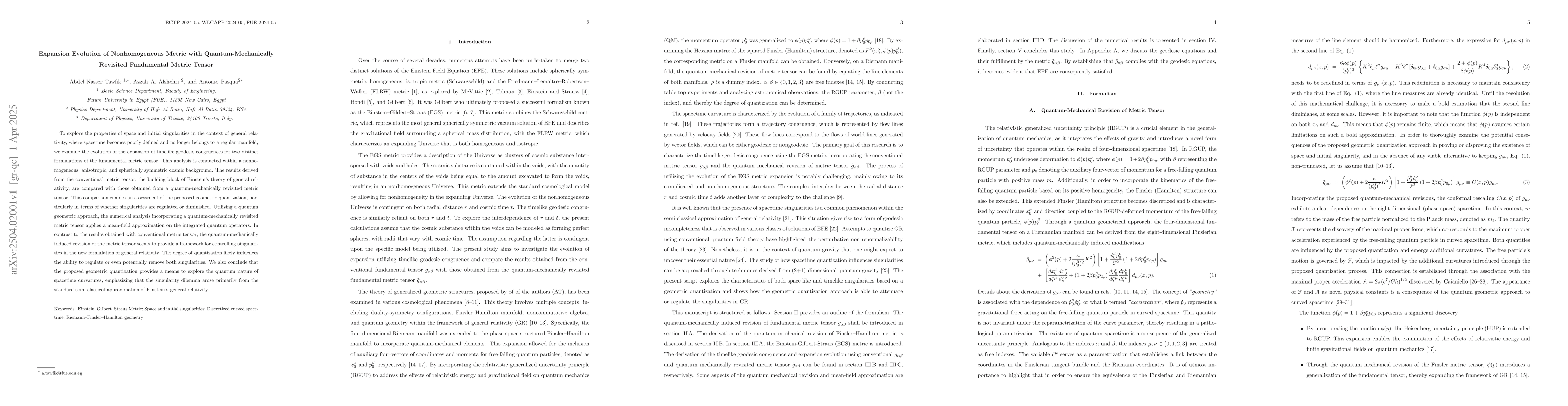 Thumbnail for Expansion Evolution of Nonhomogeneous Metric with Quantum-Mechanically
  Revisited Fundamental Metric Tensor