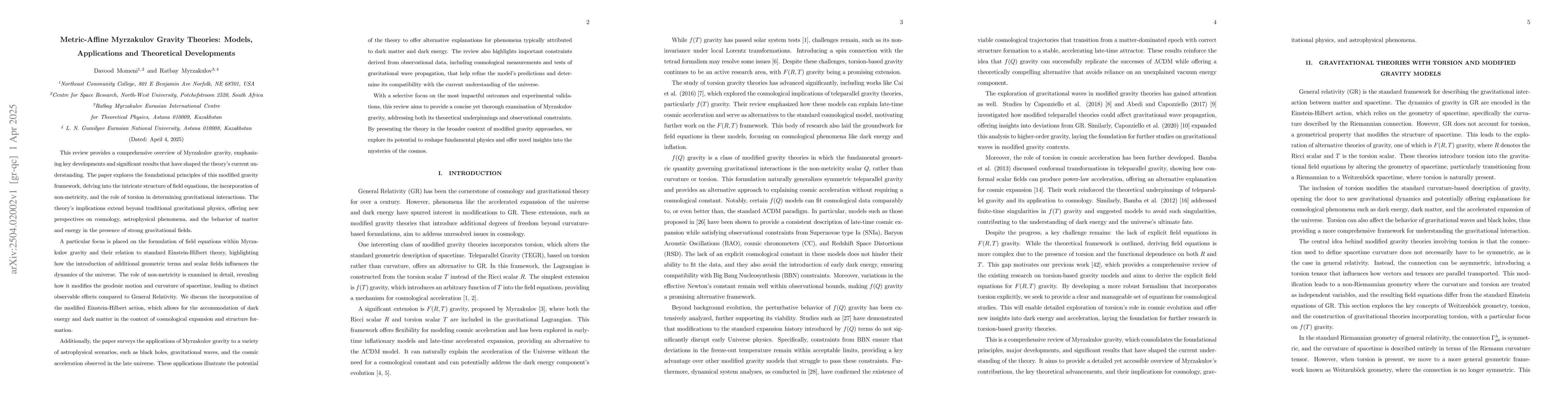 Thumbnail for Metric-Affine Myrzakulov Gravity Theories: Models, Applications and
  Theoretical Developments