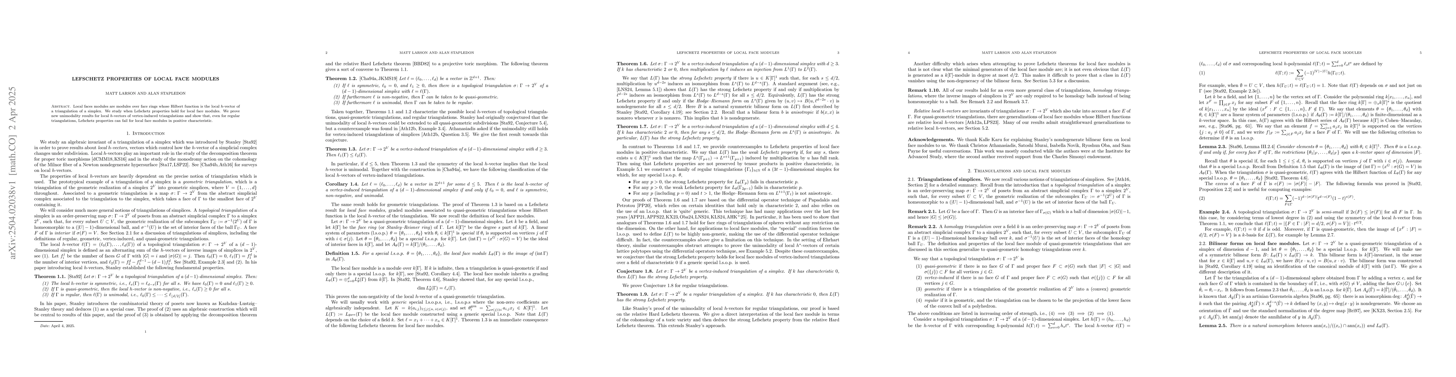 Thumbnail for Lefschetz properties of local face modules