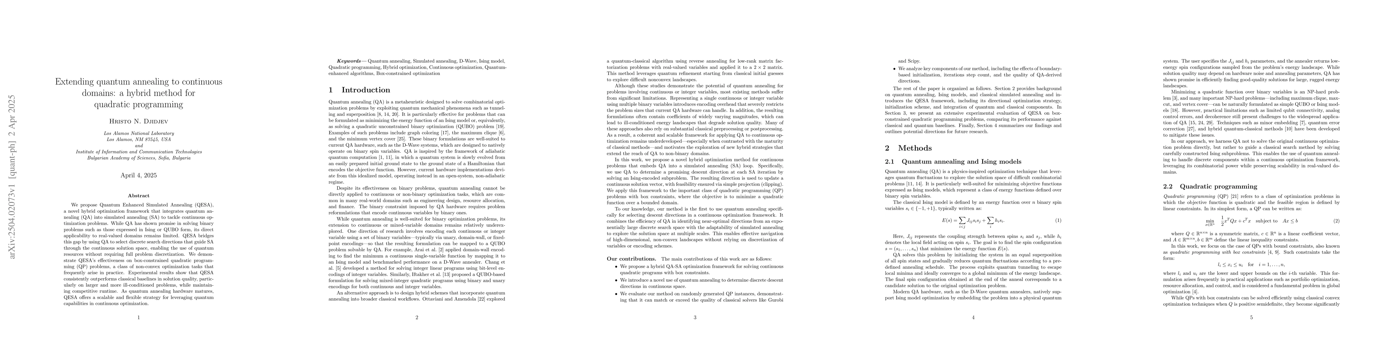 Thumbnail for Extending quantum annealing to continuous domains: a hybrid method for
  quadratic programming