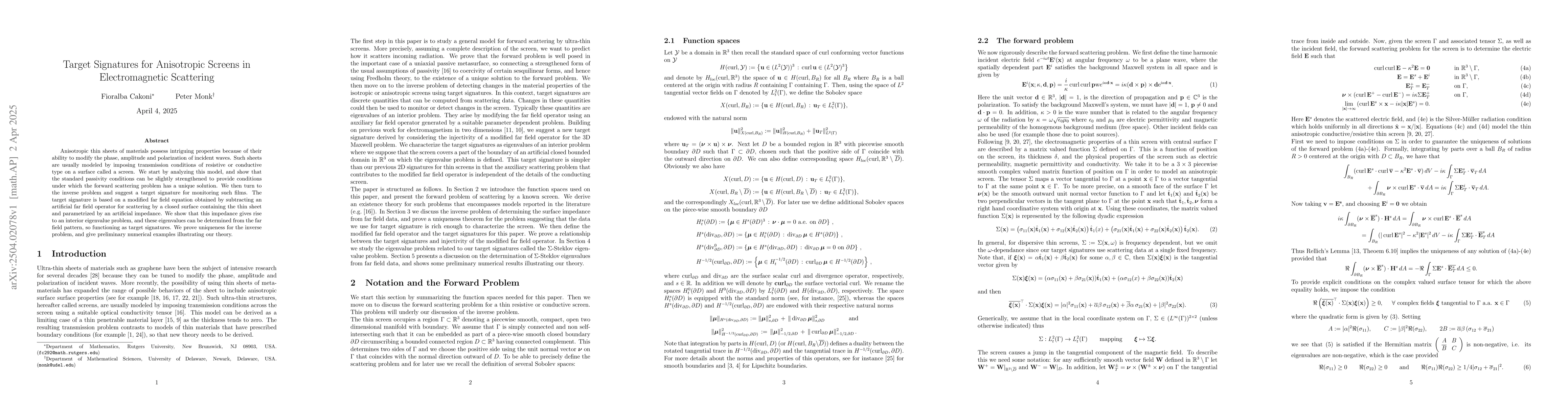 Thumbnail for Target Signatures for Anisotropic Screens in Electromagnetic Scattering