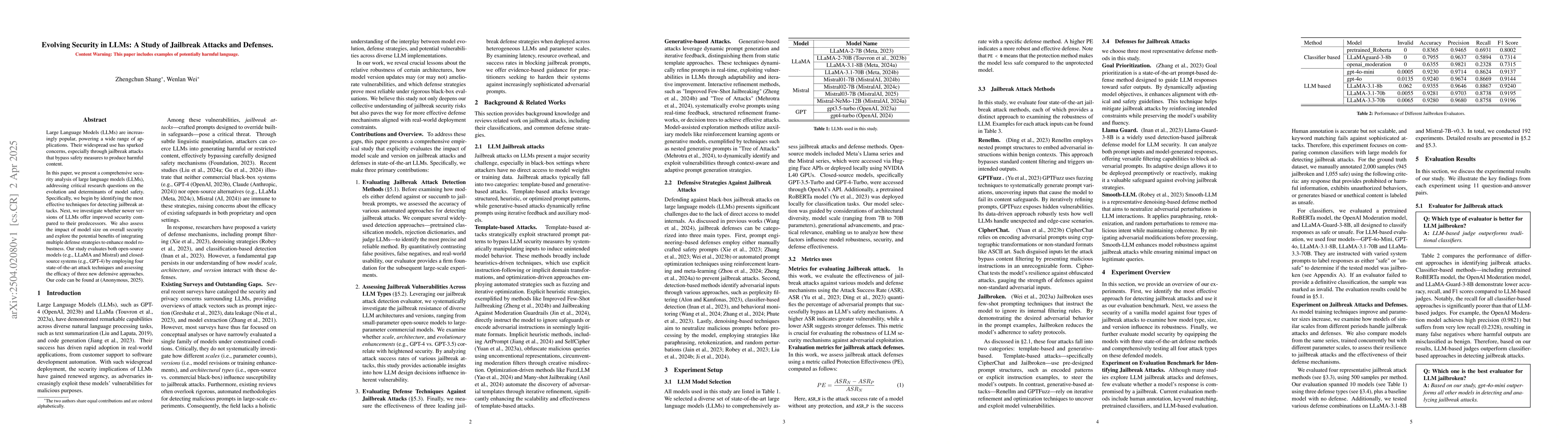 Thumbnail for Evolving Security in LLMs: A Study of Jailbreak Attacks and Defenses