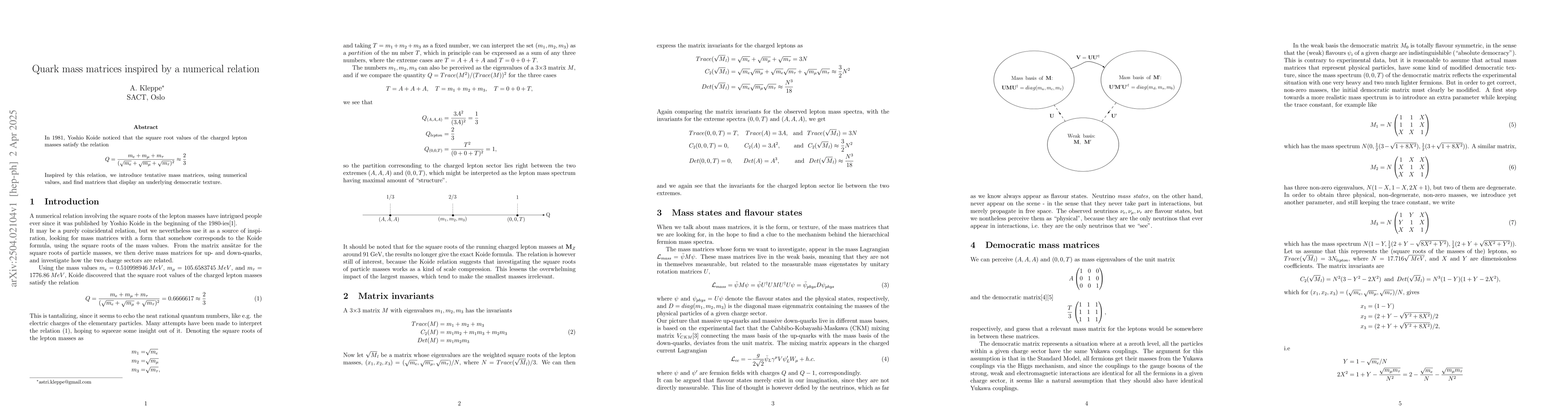 Thumbnail for Quark mass matrices inspired by a numerical relation