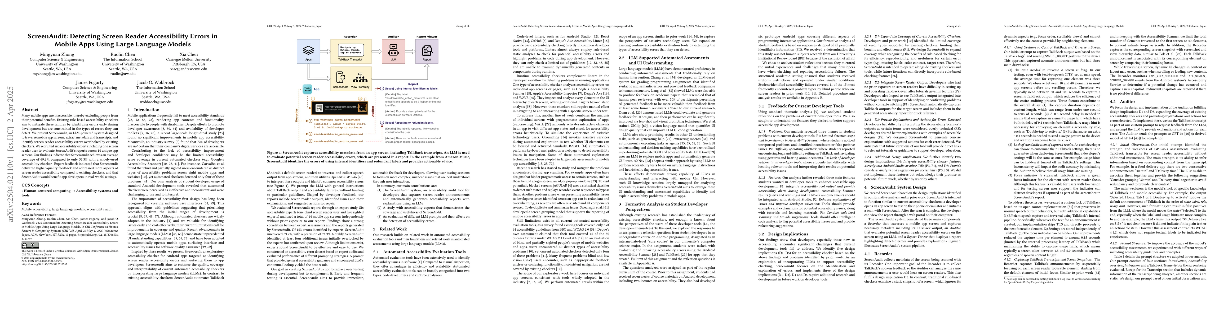 Thumbnail for ScreenAudit: Detecting Screen Reader Accessibility Errors in Mobile Apps
  Using Large Language Models
