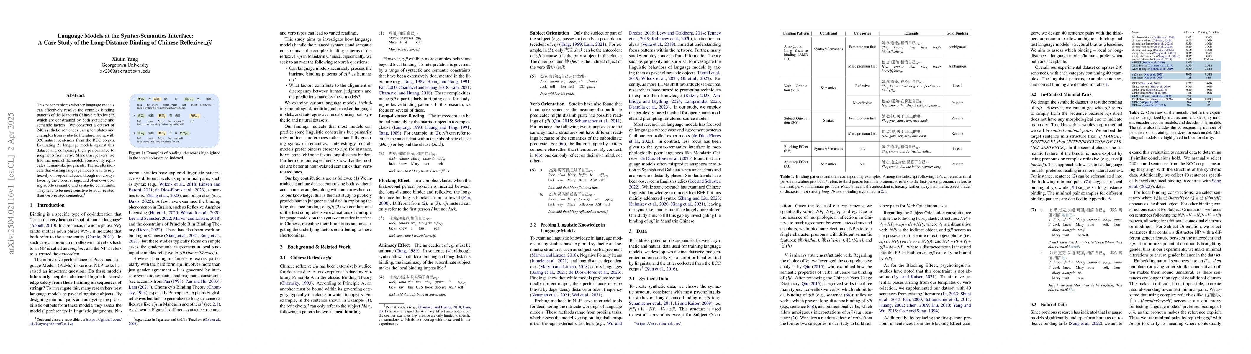 Thumbnail for Language Models at the Syntax-Semantics Interface: A Case Study of the
  Long-Distance Binding of Chinese Reflexive ziji