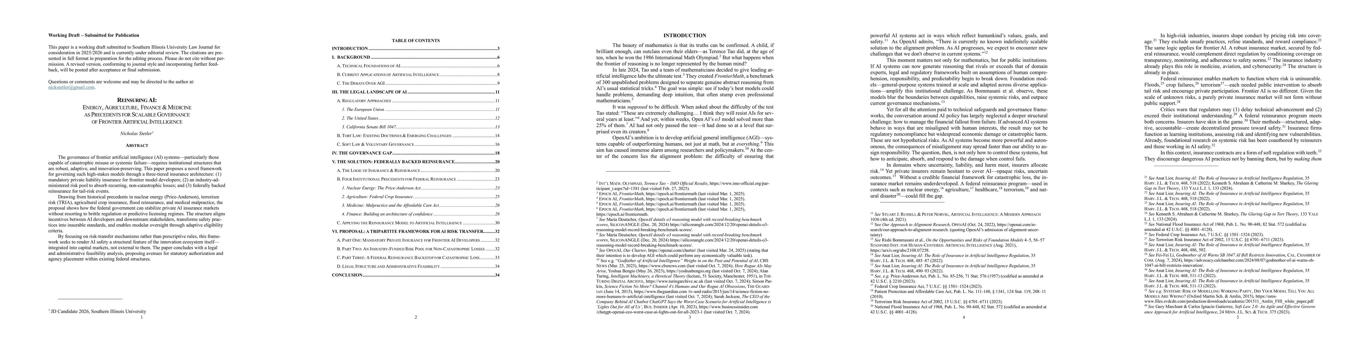 Thumbnail for Reinsuring AI: Energy, Agriculture, Finance & Medicine as Precedents for
  Scalable Governance of Frontier Artificial Intelligence