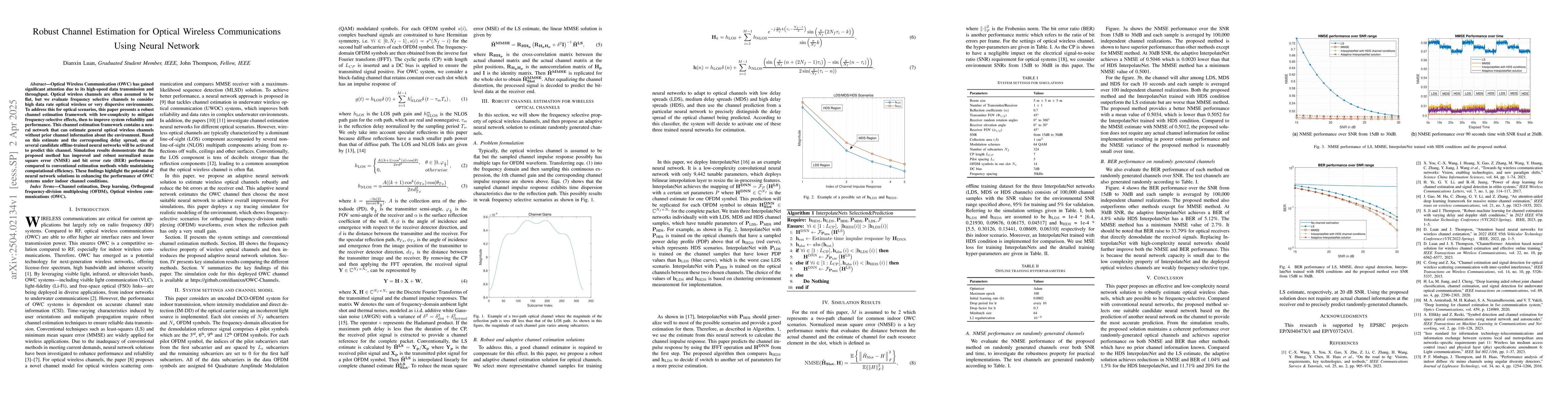 Thumbnail for Robust Channel Estimation for Optical Wireless Communications Using
  Neural Network