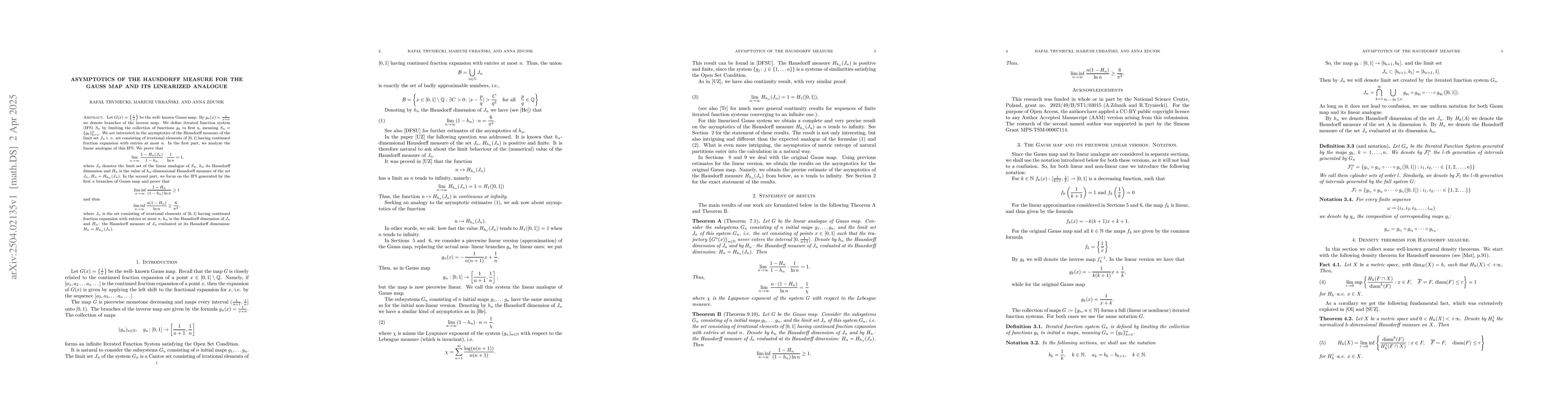 Thumbnail for Asymptotics of the Hausdorff measure for the Gauss map and its
  linearized analogue