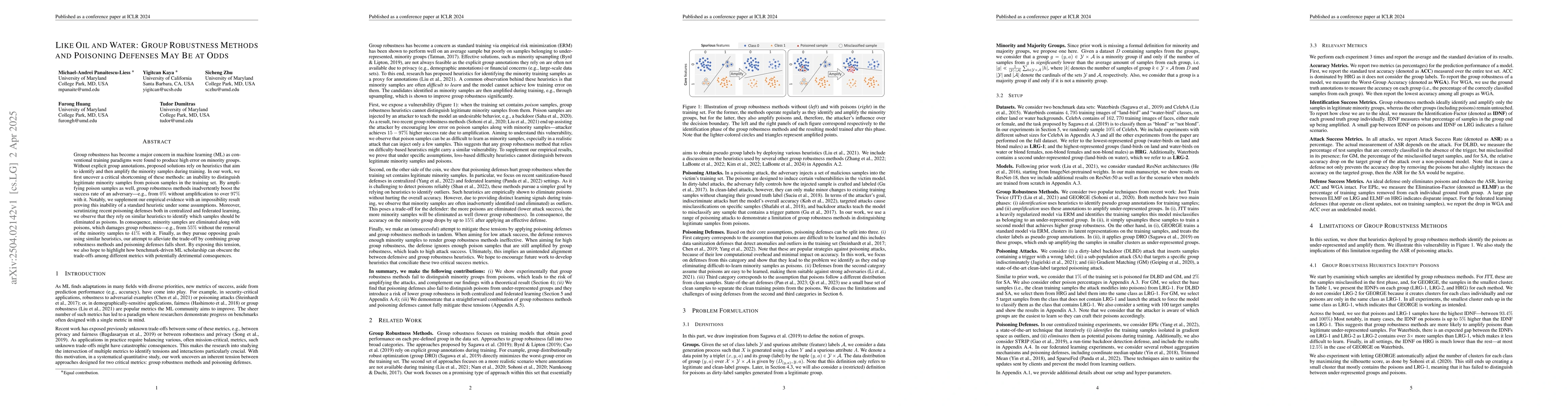 Thumbnail for Like Oil and Water: Group Robustness Methods and Poisoning Defenses May
  Be at Odds